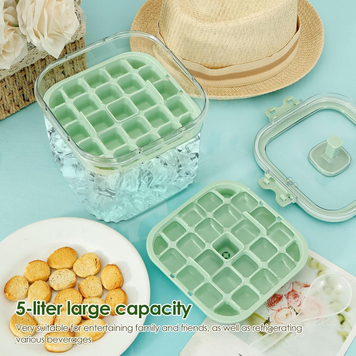 SKY-TOUCH 5L Portable Ice Bucket for Freezer with 56 Grids Mold Tray & Scoop, Large Capacity Clear Refrigerator Ice Cube Storage Bin for Outdoor Camping and BBQ Party (Green) - 2