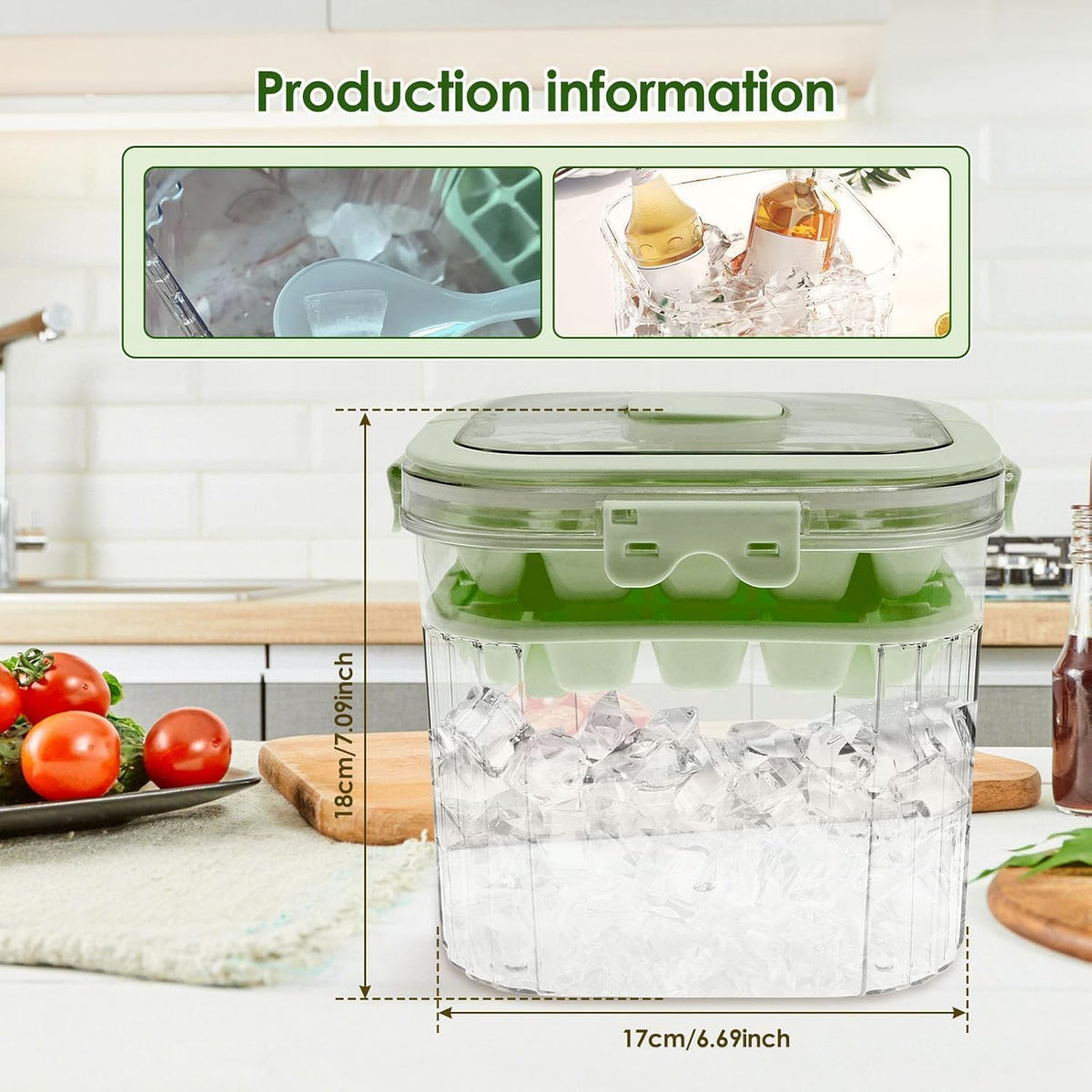 SKY-TOUCH 5L Portable Ice Bucket for Freezer with 56 Grids Mold Tray & Scoop, Large Capacity Clear Refrigerator Ice Cube Storage Bin for Outdoor Camping and BBQ Party (Green) - 3