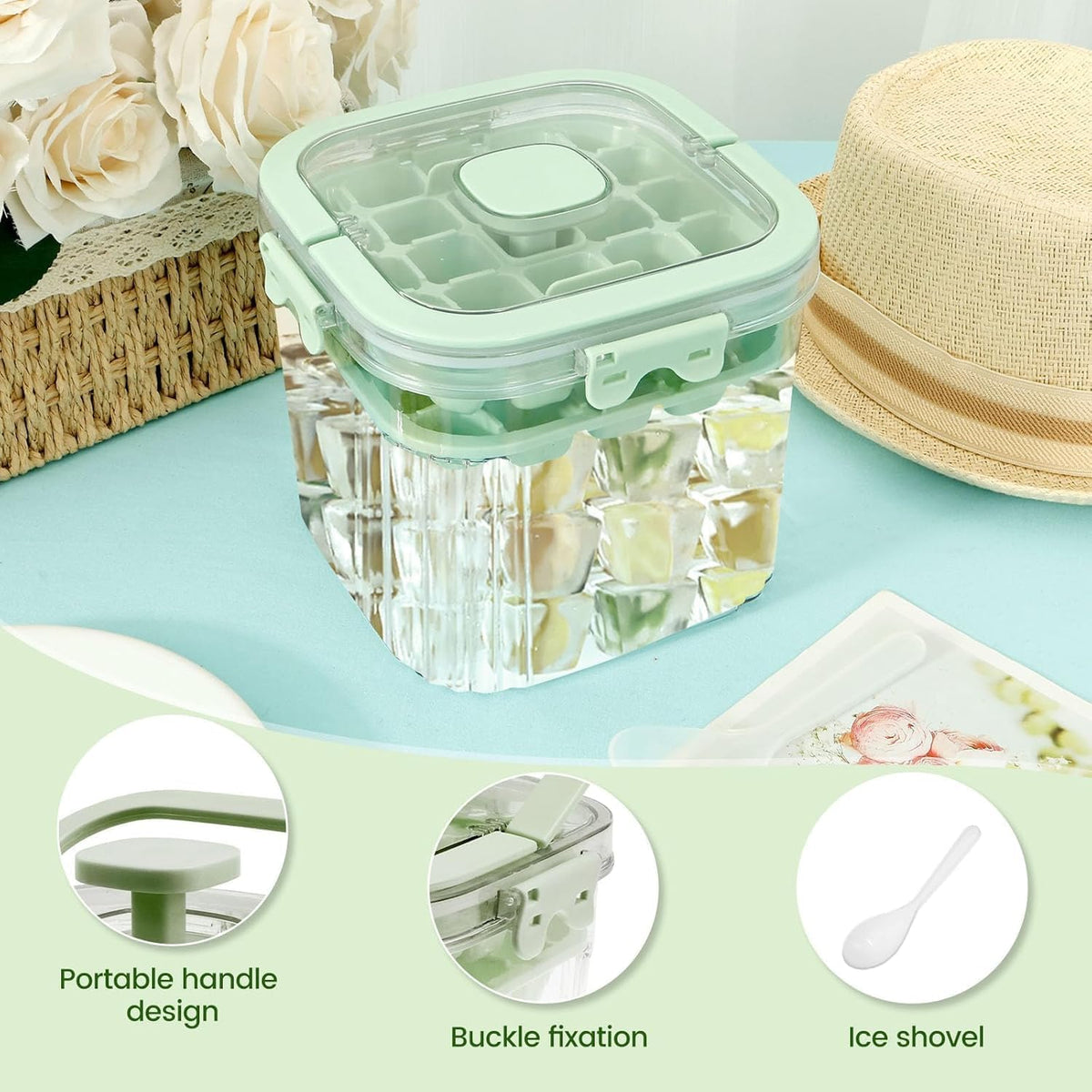 SKY-TOUCH 5L Portable Ice Bucket for Freezer with 56 Grids Mold Tray & Scoop, Large Capacity Clear Refrigerator Ice Cube Storage Bin for Outdoor Camping and BBQ Party (Green) - 4