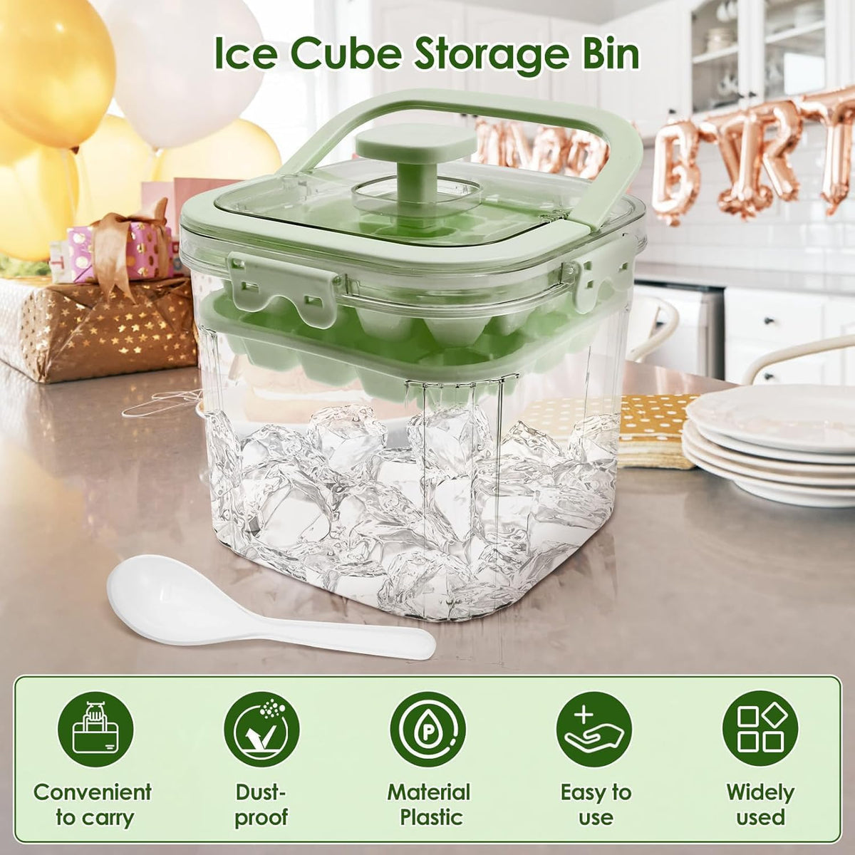 SKY-TOUCH 5L Portable Ice Bucket for Freezer with 56 Grids Mold Tray & Scoop, Large Capacity Clear Refrigerator Ice Cube Storage Bin for Outdoor Camping and BBQ Party (Green) - 6