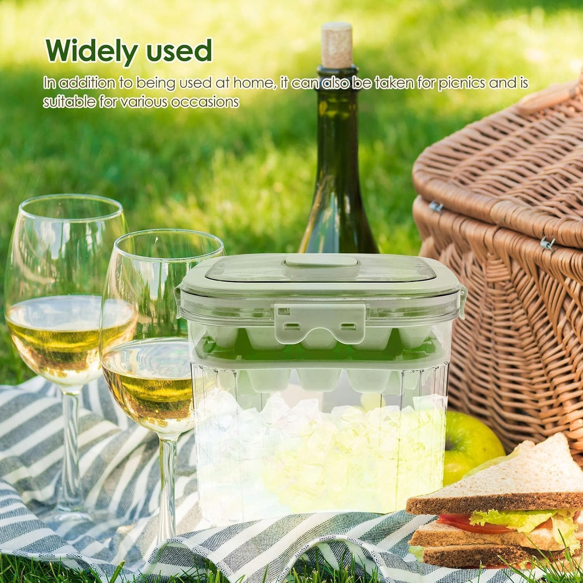 SKY-TOUCH 5L Portable Ice Bucket for Freezer with 56 Grids Mold Tray & Scoop, Large Capacity Clear Refrigerator Ice Cube Storage Bin for Outdoor Camping and BBQ Party (Green) - 7