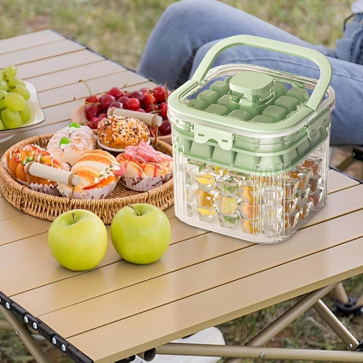 SKY-TOUCH 5L Portable Ice Bucket for Freezer with 56 Grids Mold Tray & Scoop, Large Capacity Clear Refrigerator Ice Cube Storage Bin for Outdoor Camping and BBQ Party (Green) - 8