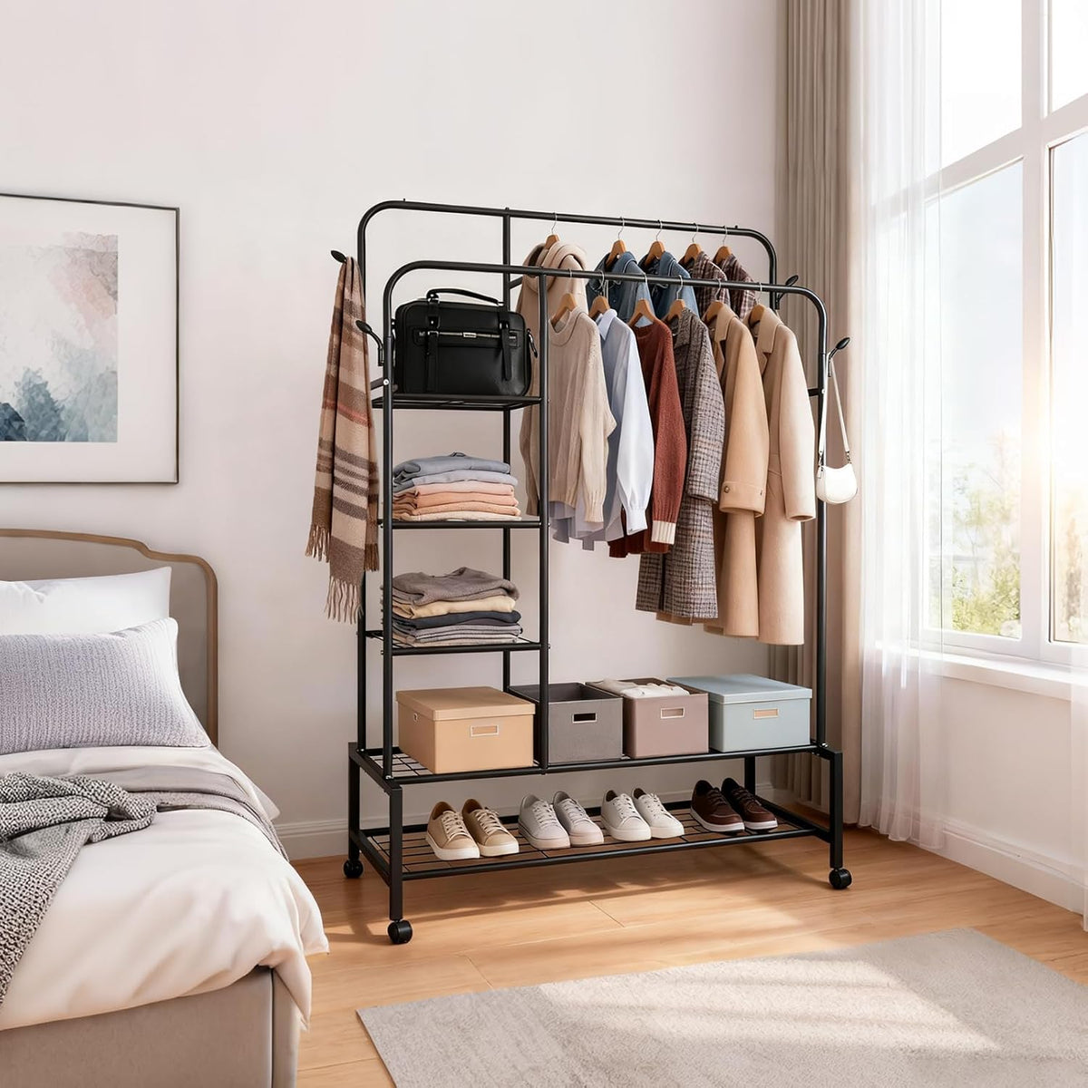 SKY-TOUCH Heavy Duty Rolling Clothing Rack, Double Rail Garment Wardrobe with 4 Storage Shelves, Shoe Rack & 4 Coat Hooks, Movable Pulley Wheels for Bedroom, Living Room, Black, 113x40x166cm - 2