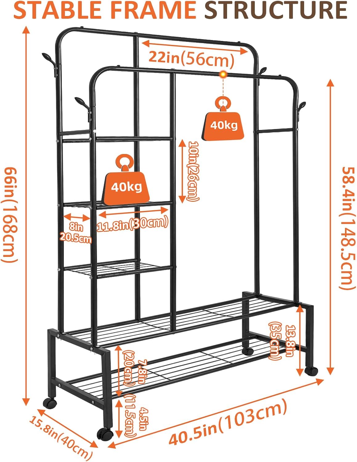 SKY-TOUCH Heavy Duty Rolling Clothing Rack, Double Rail Garment Wardrobe with 4 Storage Shelves, Shoe Rack & 4 Coat Hooks, Movable Pulley Wheels for Bedroom, Living Room, Black, 113x40x166cm - 3