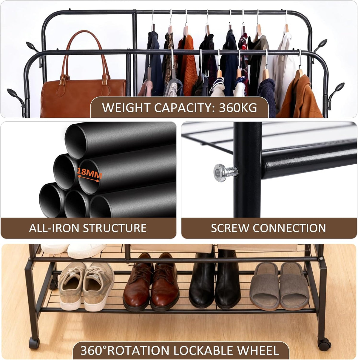 SKY-TOUCH Heavy Duty Rolling Clothing Rack, Double Rail Garment Wardrobe with 4 Storage Shelves, Shoe Rack & 4 Coat Hooks, Movable Pulley Wheels for Bedroom, Living Room, Black, 113x40x166cm - 4