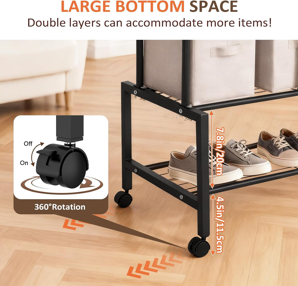 SKY-TOUCH Heavy Duty Rolling Clothing Rack, Double Rail Garment Wardrobe with 4 Storage Shelves, Shoe Rack & 4 Coat Hooks, Movable Pulley Wheels for Bedroom, Living Room, Black, 113x40x166cm - 5