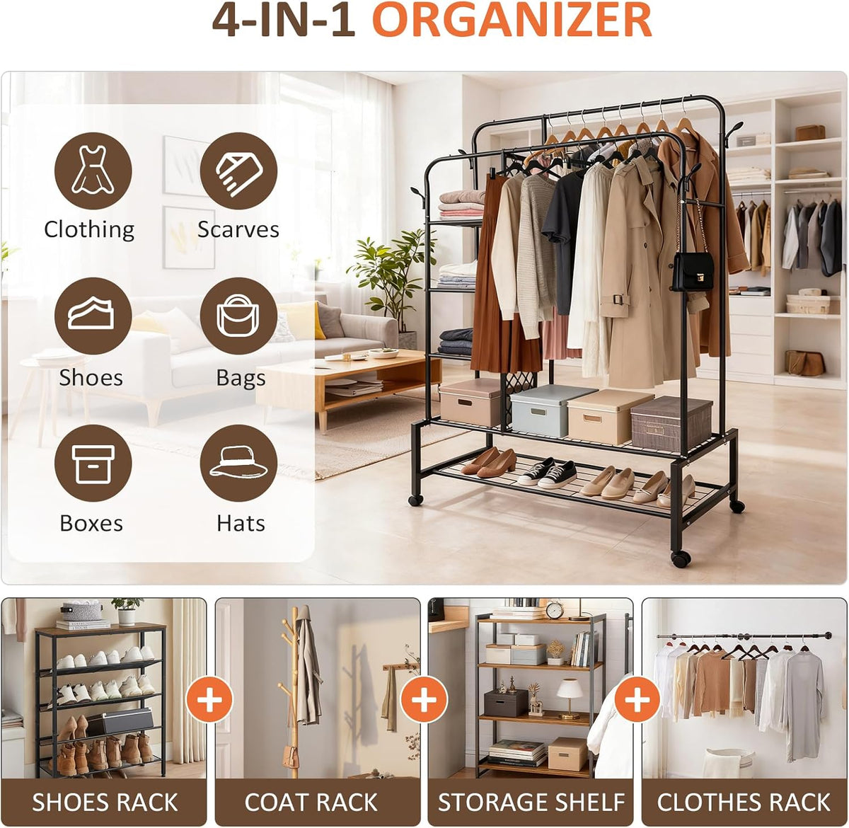 SKY-TOUCH Heavy Duty Rolling Clothing Rack, Double Rail Garment Wardrobe with 4 Storage Shelves, Shoe Rack & 4 Coat Hooks, Movable Pulley Wheels for Bedroom, Living Room, Black, 113x40x166cm - 6