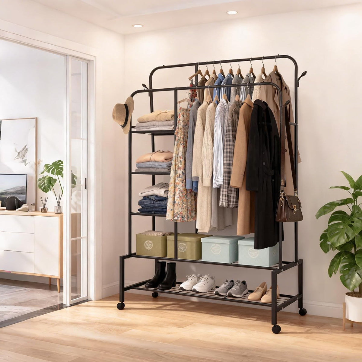 SKY-TOUCH Heavy Duty Rolling Clothing Rack, Double Rail Garment Wardrobe with 4 Storage Shelves, Shoe Rack & 4 Coat Hooks, Movable Pulley Wheels for Bedroom, Living Room, Black, 113x40x166cm - 7