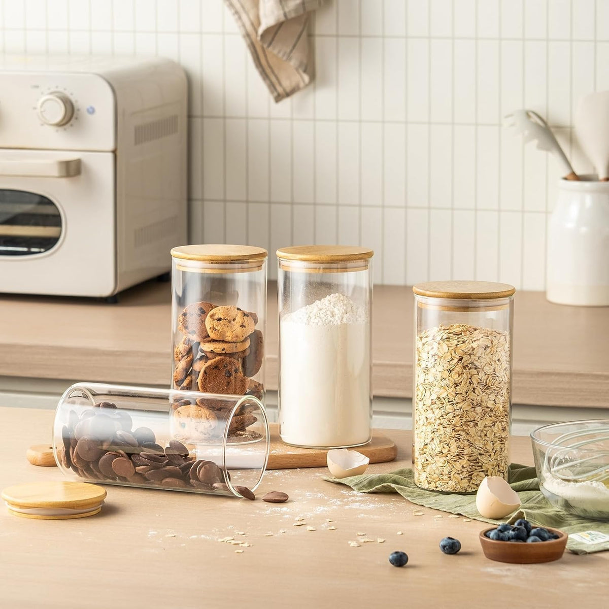 SKY-TOUCH 6PCS Glass Storage Jars, Spice Jars with Airtight Bamboo Lid, Suitable for Flour, Grains, Sugar, Tea, Coffee Beans, and Snacks, 1300ML - 10x10x20cm - 2