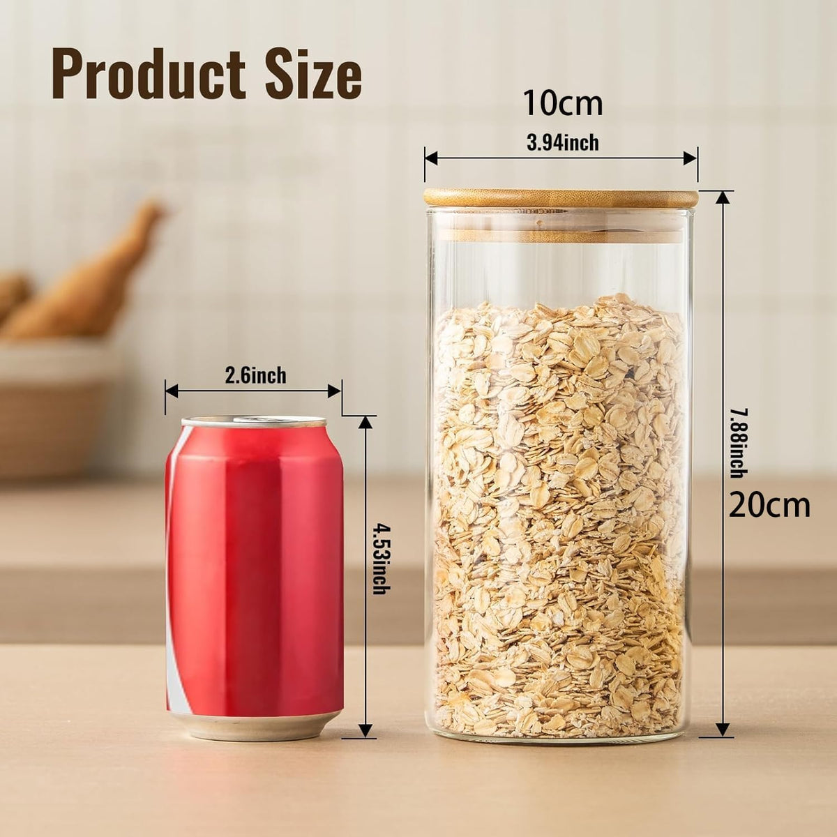 SKY-TOUCH 6PCS Glass Storage Jars, Spice Jars with Airtight Bamboo Lid, Suitable for Flour, Grains, Sugar, Tea, Coffee Beans, and Snacks, 1300ML - 10x10x20cm - 3