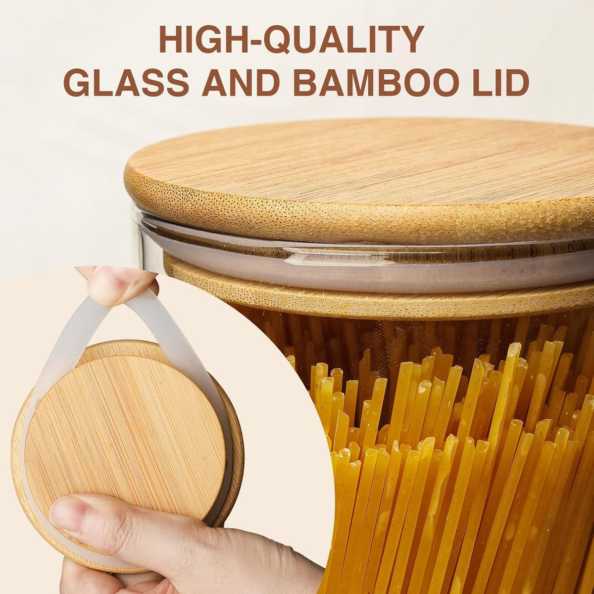 SKY-TOUCH 6PCS Glass Storage Jars, Spice Jars with Airtight Bamboo Lid, Suitable for Flour, Grains, Sugar, Tea, Coffee Beans, and Snacks, 1300ML - 10x10x20cm - 5