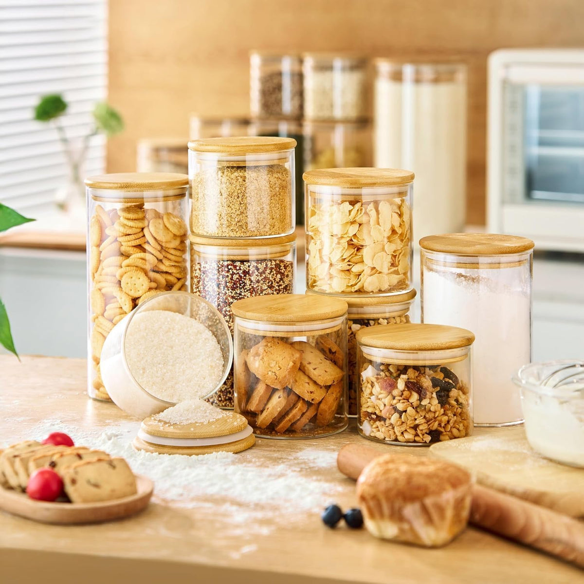 SKY-TOUCH 6PCS Glass Storage Jars, Spice Jars with Airtight Bamboo Lid, Suitable for Flour, Grains, Sugar, Tea, Coffee Beans, and Snacks, 1300ML - 10x10x20cm - 6