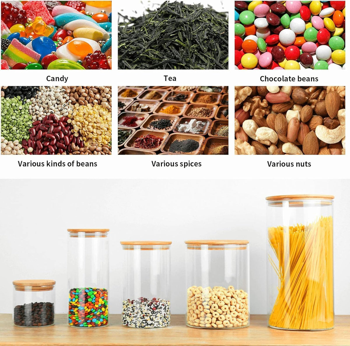 SKY-TOUCH 6PCS Glass Storage Jars, Spice Jars with Airtight Bamboo Lid, Suitable for Flour, Grains, Sugar, Tea, Coffee Beans, and Snacks, 1300ML - 10x10x20cm - 7