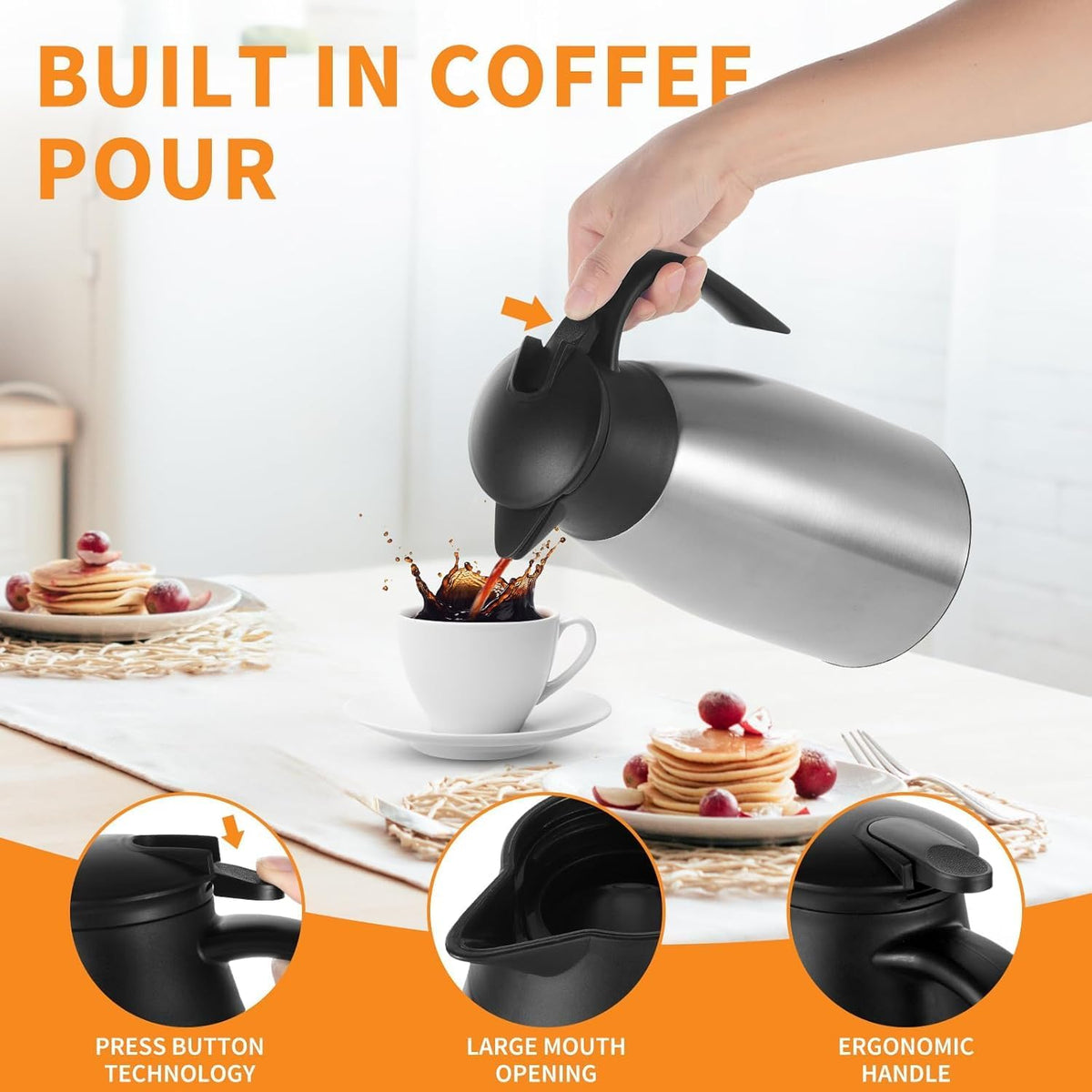 SKY-TOUCH 2L Hot Beverage Carafes, Large-capacity Teapot, Double-walled Stainless Steel Vacuum Insulated, Anti-scalding Outer Layer, Suitable for Brewing Tea, Coffee, And Hot Water, Silver - 2