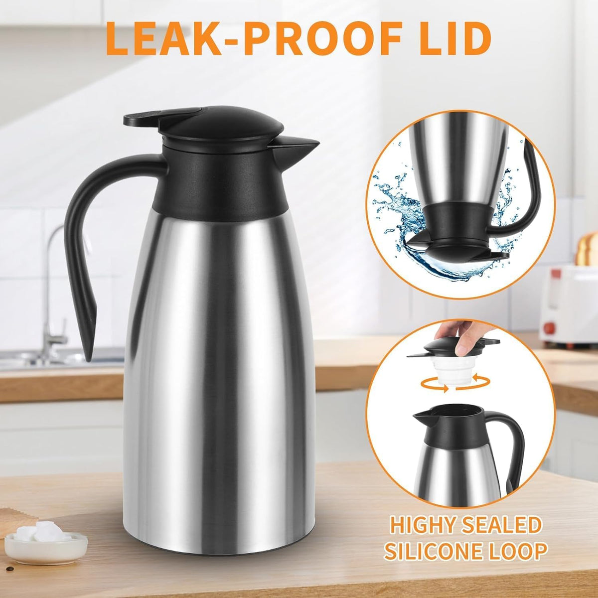 SKY-TOUCH 2L Hot Beverage Carafes, Large-capacity Teapot, Double-walled Stainless Steel Vacuum Insulated, Anti-scalding Outer Layer, Suitable for Brewing Tea, Coffee, And Hot Water, Silver - 4