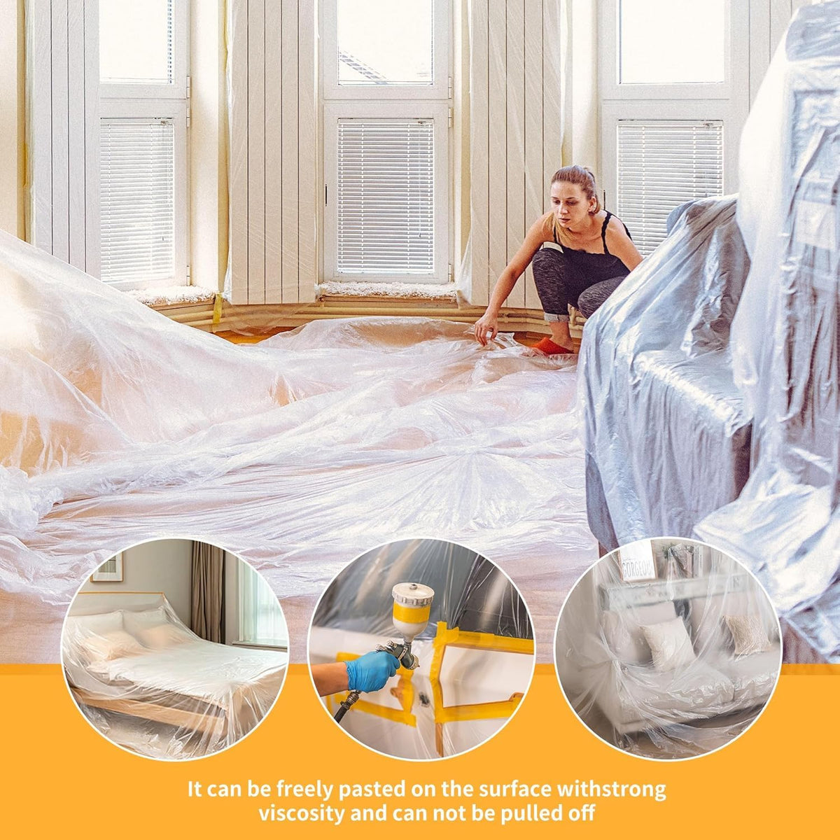 SKY-TOUCH 2 Rolls Plastic Dustproof Cloth, Decorative Plastic Dustproof Cloth, 4.5m x 20m Waterproof Masking Film roll, Pre-applied Tape, Suitable for Furniture Painting and Masking - 6