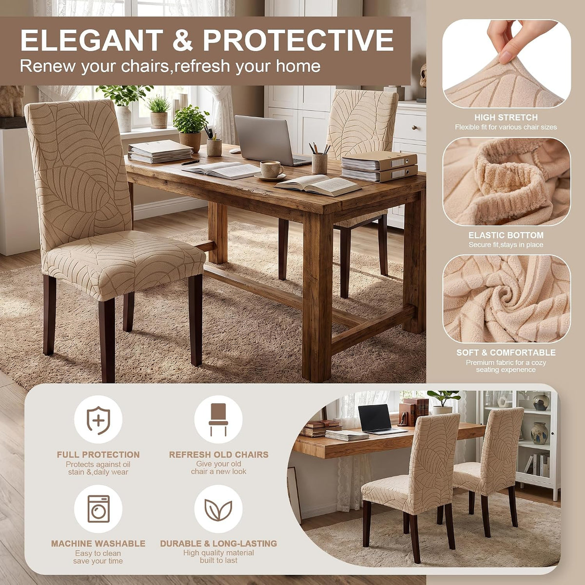 SKY-TOUCH 4 PCS Dining Chair Slipcovers, Stretch Dining Room Chair Covers, Removable Washable Chair Protectors, Dustproof Chair Covers for Home, Kitchen, Restaurant, Hotel (Sand) - 3