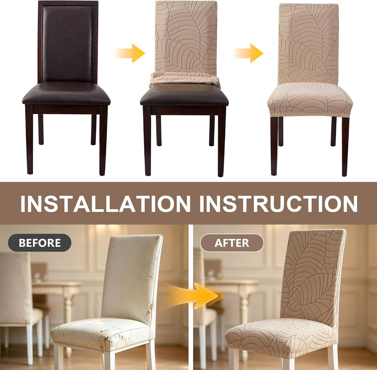 SKY-TOUCH 4 PCS Dining Chair Slipcovers, Stretch Dining Room Chair Covers, Removable Washable Chair Protectors, Dustproof Chair Covers for Home, Kitchen, Restaurant, Hotel (Sand) - 4