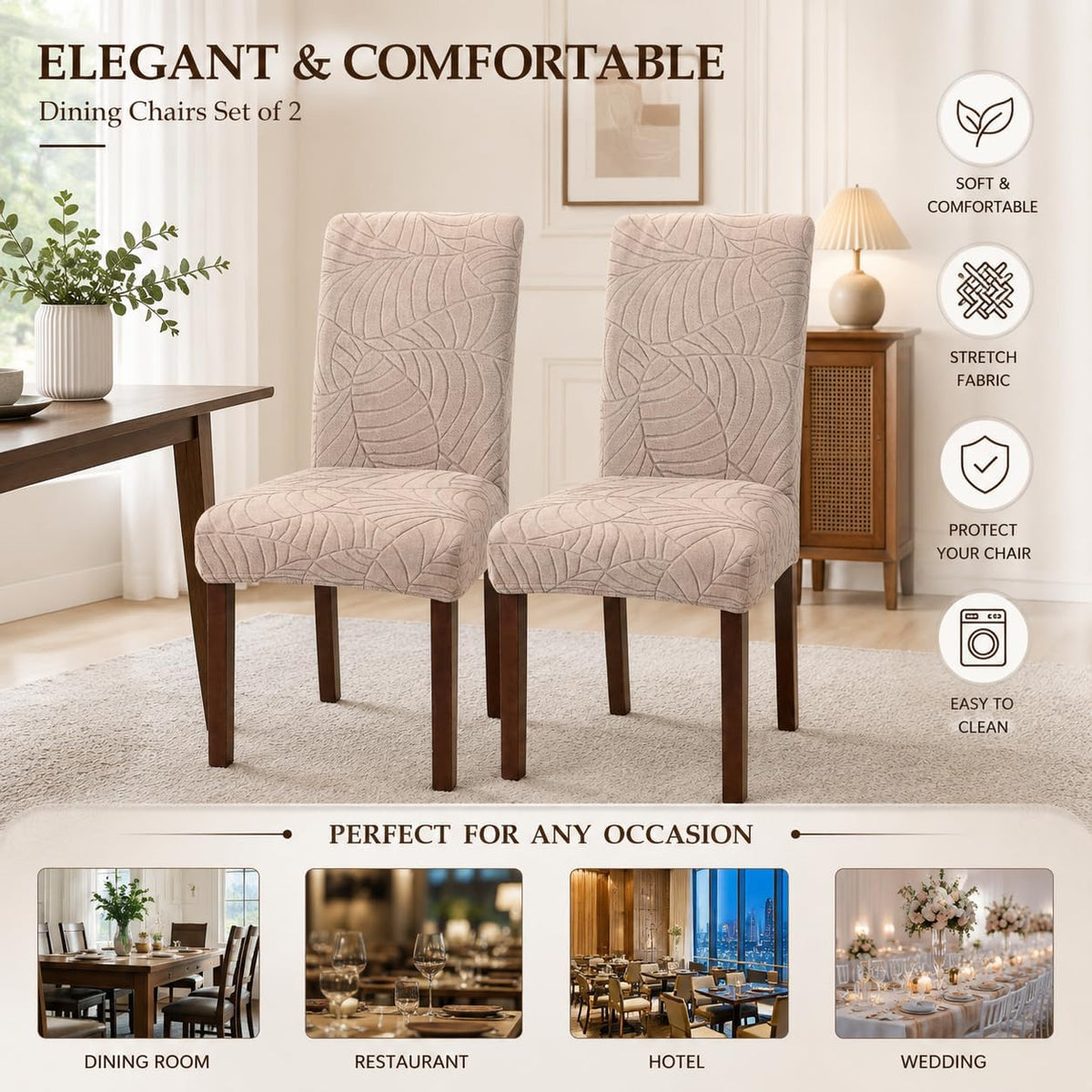 SKY-TOUCH 4 PCS Dining Chair Slipcovers, Stretch Dining Room Chair Covers, Removable Washable Chair Protectors, Dustproof Chair Covers for Home, Kitchen, Restaurant, Hotel (Sand) - 7