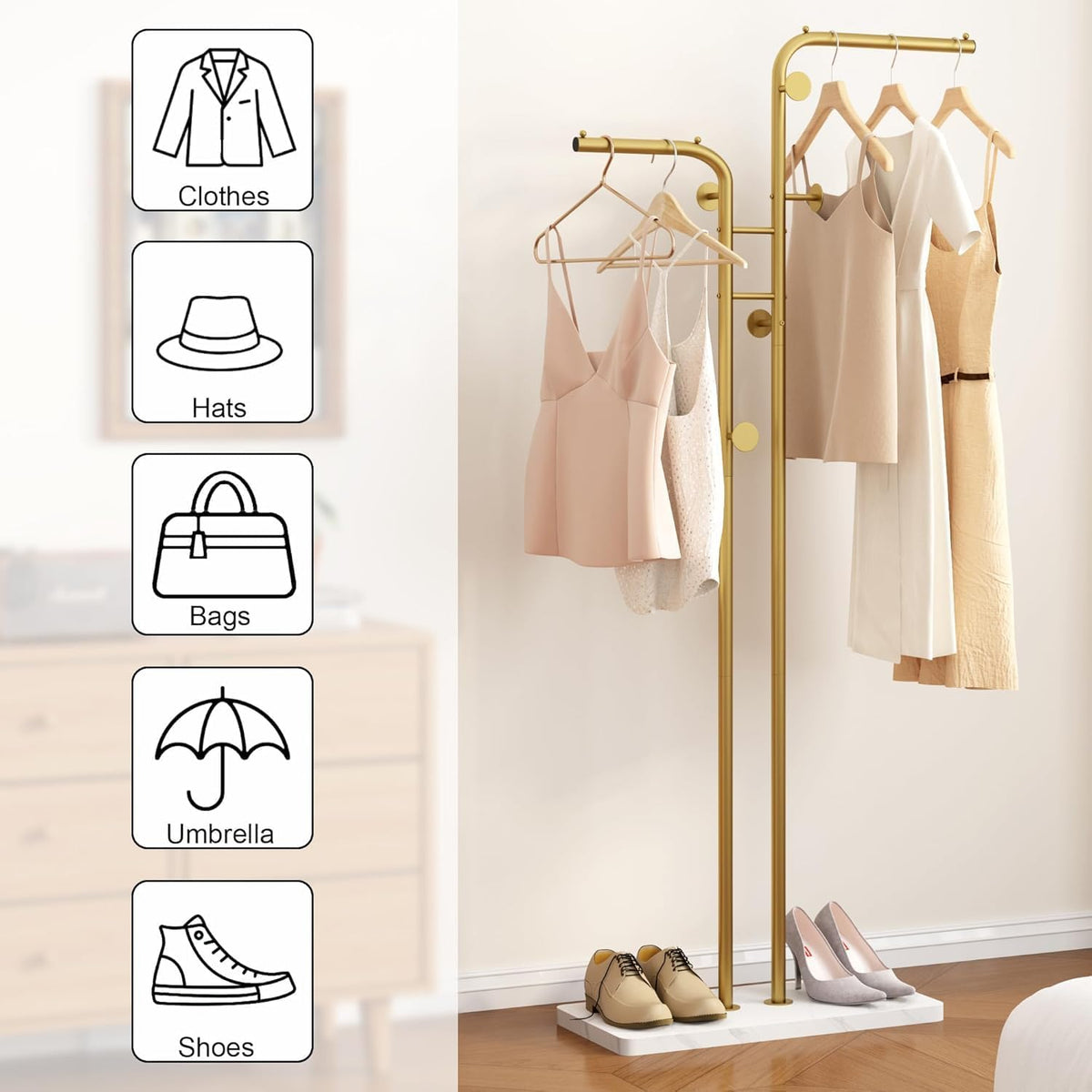 SKY-TOUCH Metal Coat Rack, Modern Double-Pole Clothes Hanger Stand with 5 Hooks, Freestanding Coat Tree with Stable Base for Entryway, Closet, Bedroom, Living Room, Gold - 2
