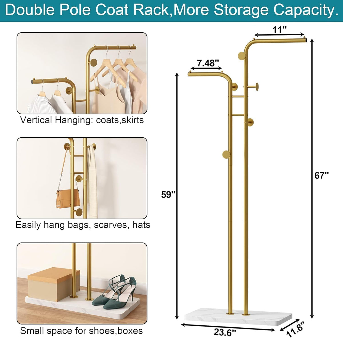 SKY-TOUCH Metal Coat Rack, Modern Double-Pole Clothes Hanger Stand with 5 Hooks, Freestanding Coat Tree with Stable Base for Entryway, Closet, Bedroom, Living Room, Gold - 3