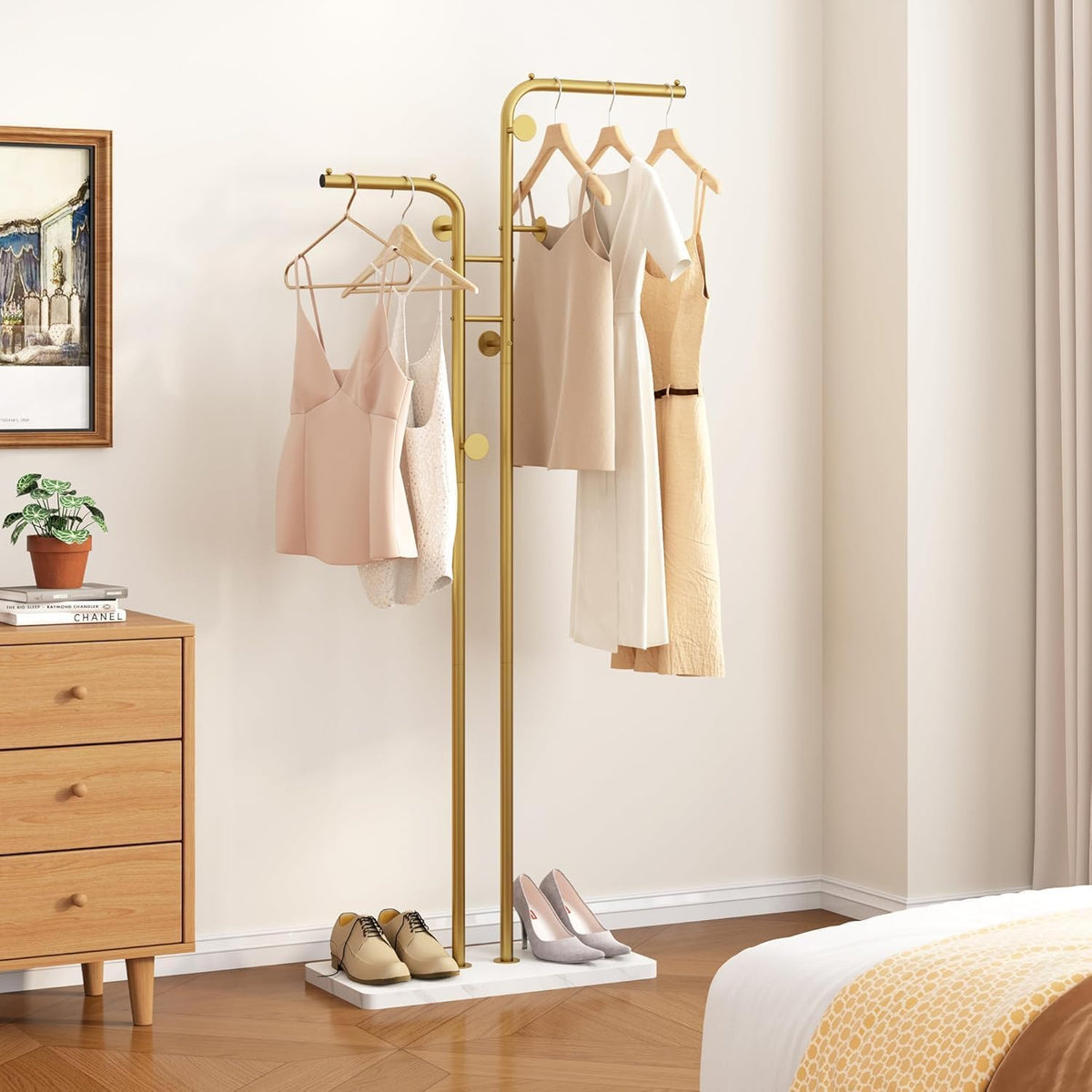 SKY-TOUCH Metal Coat Rack, Modern Double-Pole Clothes Hanger Stand with 5 Hooks, Freestanding Coat Tree with Stable Base for Entryway, Closet, Bedroom, Living Room, Gold - 4