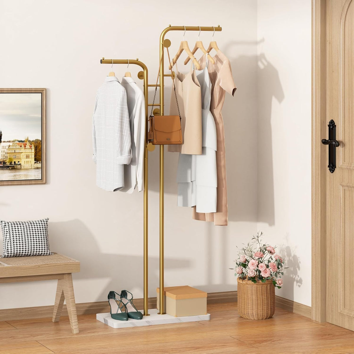 SKY-TOUCH Metal Coat Rack, Modern Double-Pole Clothes Hanger Stand with 5 Hooks, Freestanding Coat Tree with Stable Base for Entryway, Closet, Bedroom, Living Room, Gold - 5