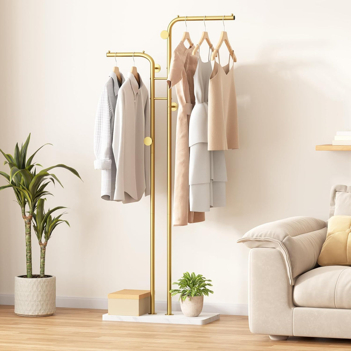 SKY-TOUCH Metal Coat Rack, Modern Double-Pole Clothes Hanger Stand with 5 Hooks, Freestanding Coat Tree with Stable Base for Entryway, Closet, Bedroom, Living Room, Gold - 6