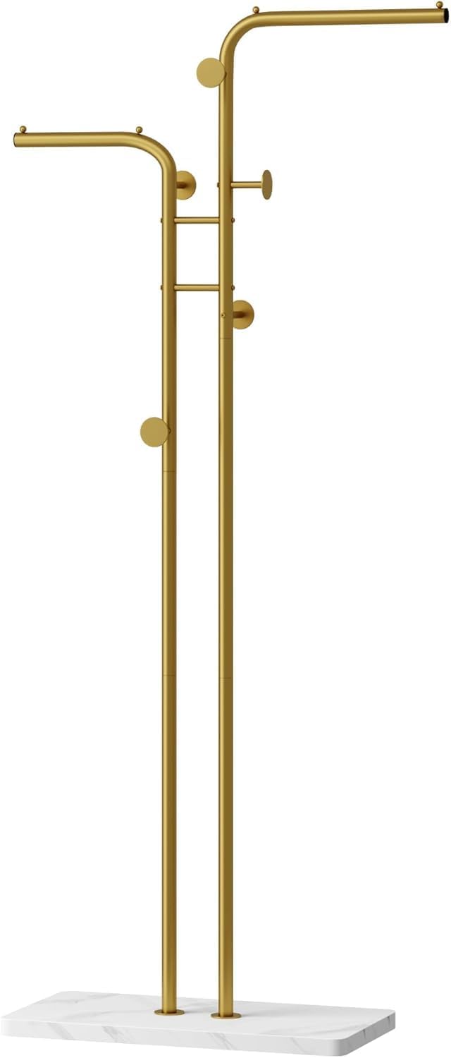 SKY-TOUCH Metal Coat Rack, Modern Double-Pole Clothes Hanger Stand with 5 Hooks, Freestanding Coat Tree with Stable Base for Entryway, Closet, Bedroom, Living Room, Gold - 7