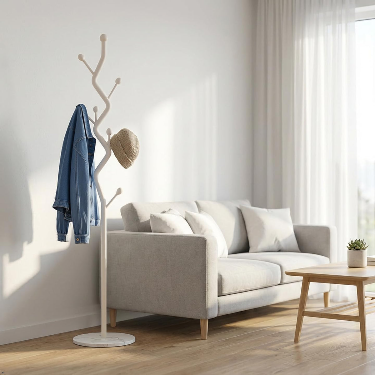 SKY-TOUCH Metal Coat Rack Stand, Freestanding Modern Coat Tree with Sturdy Marble-Look Base, Multi-Hook Hall Tree Organizer for Entryway, Hallway, Bedroom, Living Room, White, 27x27x170cm - 2