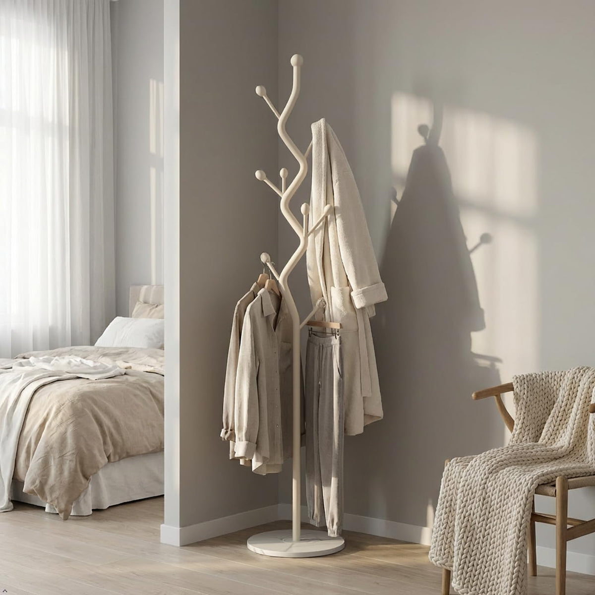 SKY-TOUCH Metal Coat Rack Stand, Freestanding Modern Coat Tree with Sturdy Marble-Look Base, Multi-Hook Hall Tree Organizer for Entryway, Hallway, Bedroom, Living Room, White, 27x27x170cm - 4