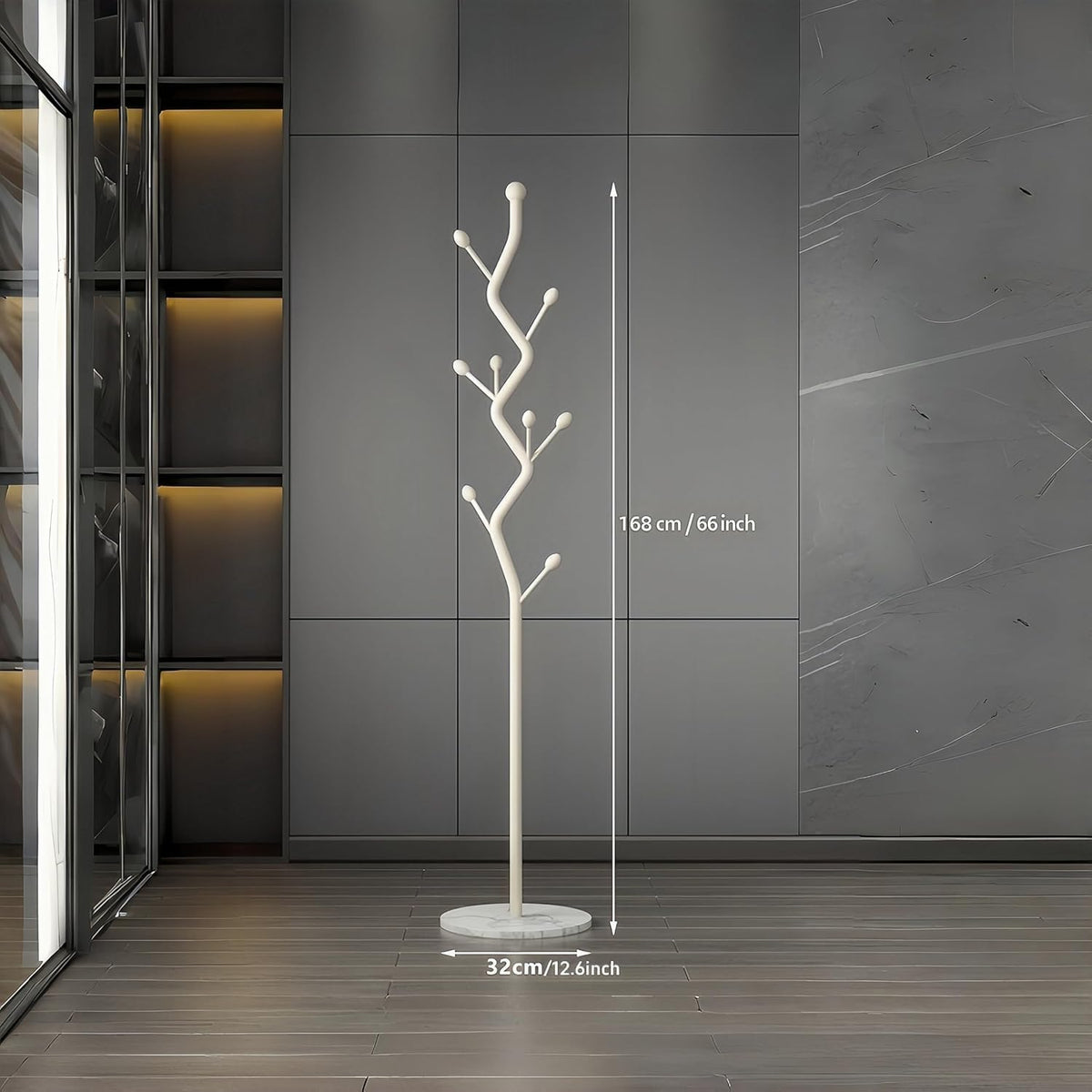 SKY-TOUCH Metal Coat Rack Stand, Freestanding Modern Coat Tree with Sturdy Marble-Look Base, Multi-Hook Hall Tree Organizer for Entryway, Hallway, Bedroom, Living Room, White, 27x27x170cm - 5