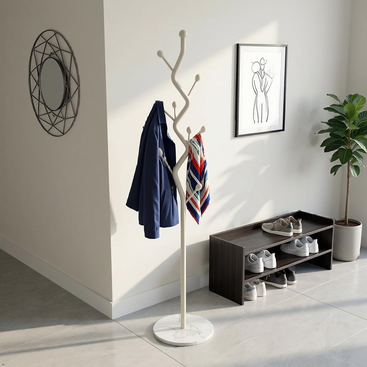 SKY-TOUCH Metal Coat Rack Stand, Freestanding Modern Coat Tree with Sturdy Marble-Look Base, Multi-Hook Hall Tree Organizer for Entryway, Hallway, Bedroom, Living Room, White, 27x27x170cm - 7