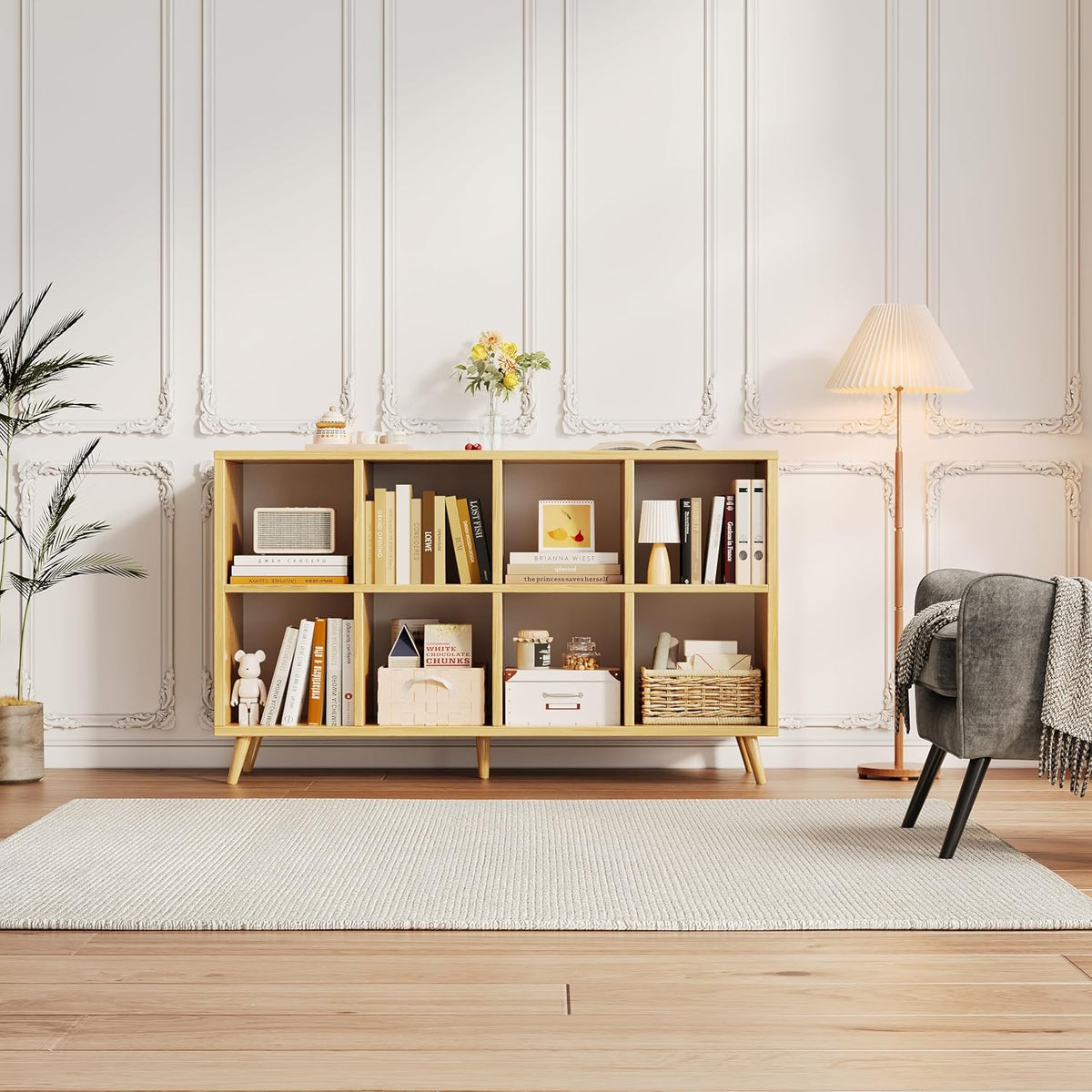 SKY-TOUCH 2-Tier 8-Cube Floor Standing Bookcase Organizer, Wooden Storage Cabinet with Multiple Compartments for Home Office Living Room, 120 x 30 x 72 cm - 10