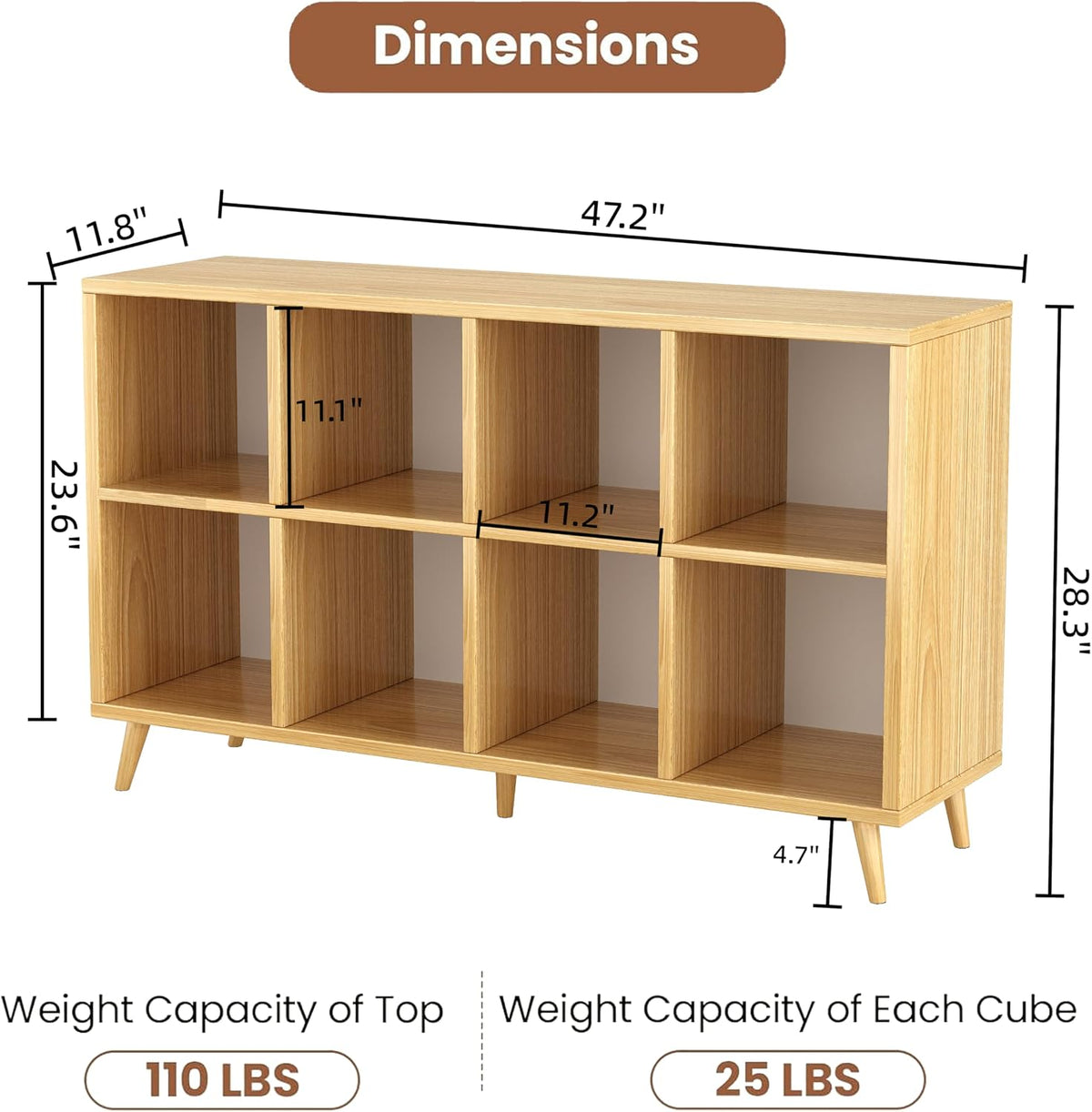 SKY-TOUCH 2-Tier 8-Cube Floor Standing Bookcase Organizer, Wooden Storage Cabinet with Multiple Compartments for Home Office Living Room, 120 x 30 x 72 cm - 2