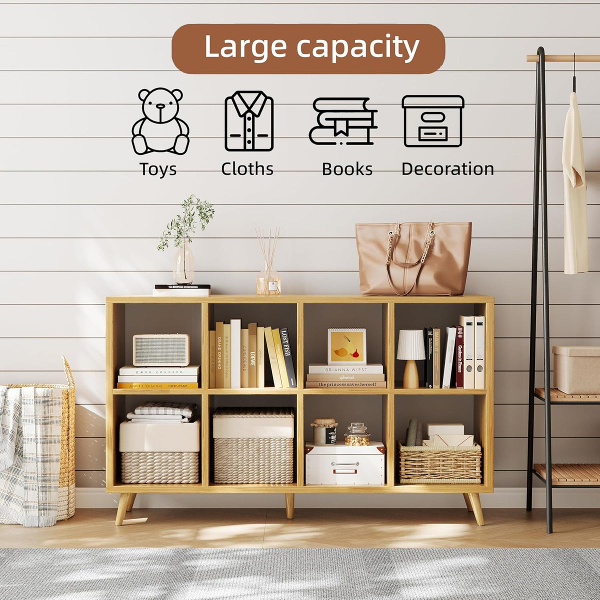 SKY-TOUCH 2-Tier 8-Cube Floor Standing Bookcase Organizer, Wooden Storage Cabinet with Multiple Compartments for Home Office Living Room, 120 x 30 x 72 cm - 3