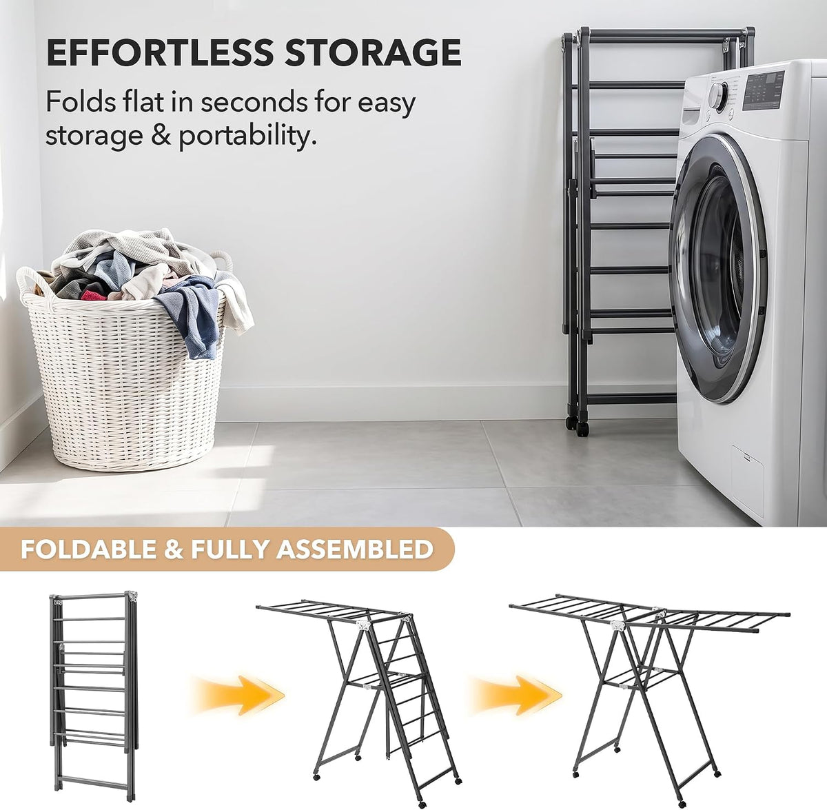 SKY-TOUCH Foldable Clothes Drying Rack, 2-Level Laundry Drying Rack, Free-Standing Large Drying Rack, with Height Adjustable Wings, Indoor & Outdoor Use, Gray - 106x46x10.5 - 3