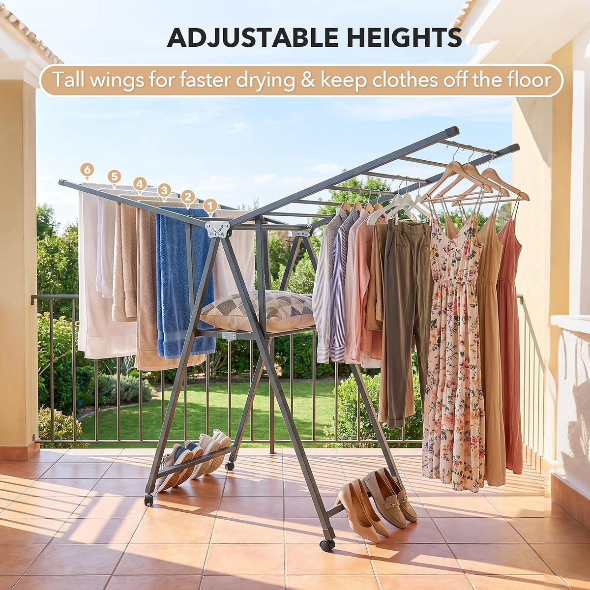 SKY-TOUCH Foldable Clothes Drying Rack, 2-Level Laundry Drying Rack, Free-Standing Large Drying Rack, with Height Adjustable Wings, Indoor & Outdoor Use, Gray - 106x46x10.5 - 4