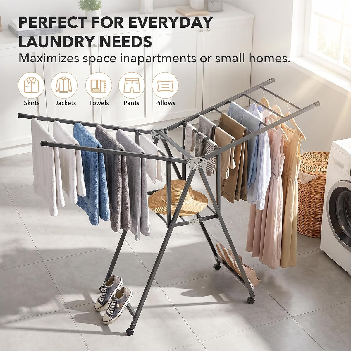 SKY-TOUCH Foldable Clothes Drying Rack, 2-Level Laundry Drying Rack, Free-Standing Large Drying Rack, with Height Adjustable Wings, Indoor & Outdoor Use, Gray - 106x46x10.5 - 5