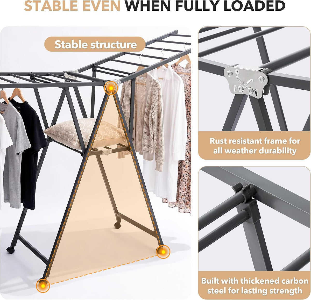 SKY-TOUCH Foldable Clothes Drying Rack, 2-Level Laundry Drying Rack, Free-Standing Large Drying Rack, with Height Adjustable Wings, Indoor & Outdoor Use, Gray - 106x46x10.5 - 6