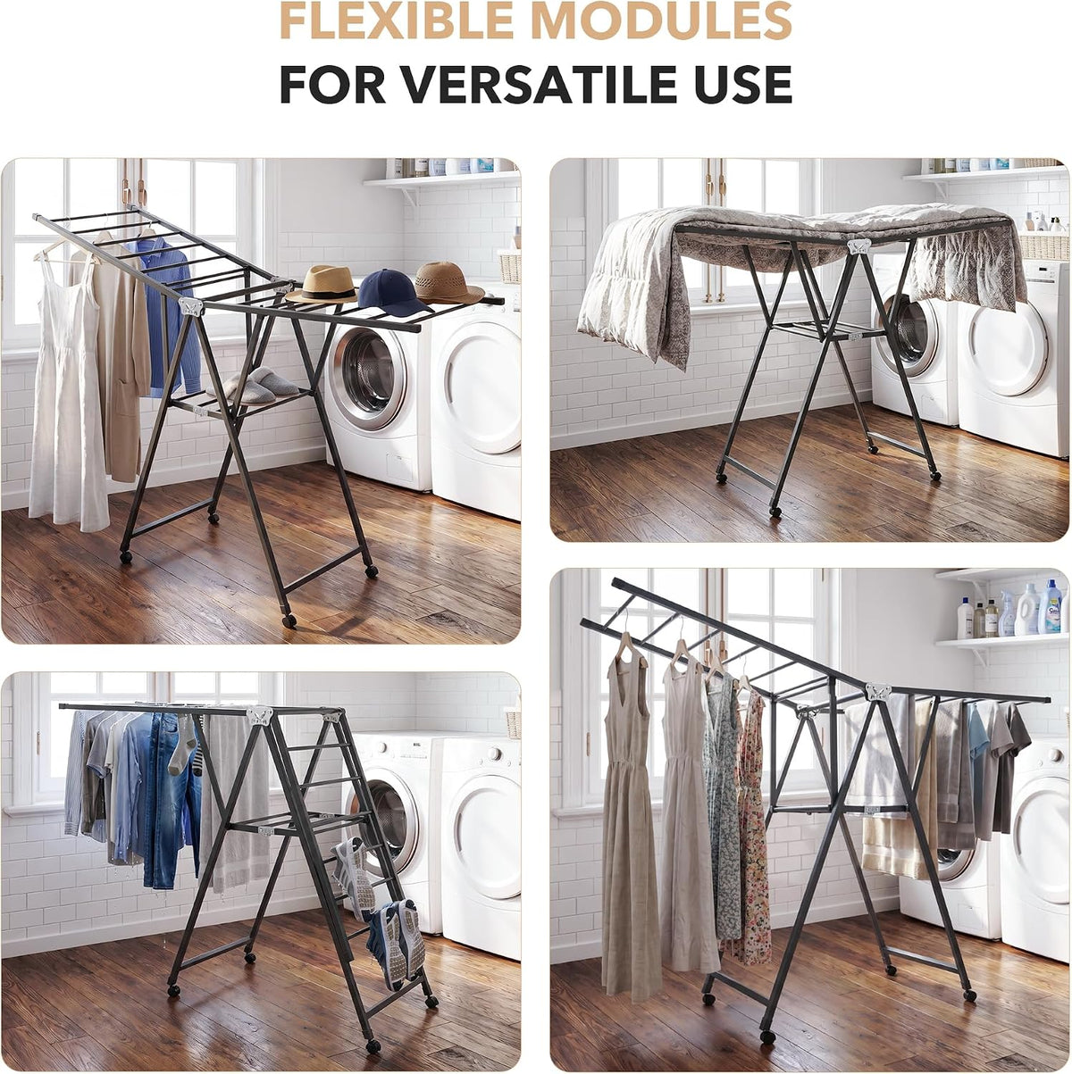 SKY-TOUCH Foldable Clothes Drying Rack, 2-Level Laundry Drying Rack, Free-Standing Large Drying Rack, with Height Adjustable Wings, Indoor & Outdoor Use, Gray - 106x46x10.5 - 7