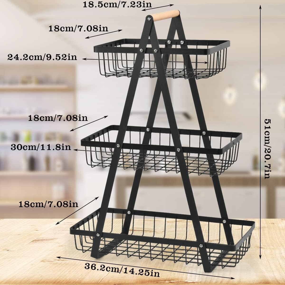 SKY-TOUCH 3-Tier Fruit Basket with Wooden Handle, Detachable Metal Fruit Bowl Holder Vegetable Storage Rack, Countertop Holder for Kitchen, Home, Office - Organize Fruits, Veggies, Snacks, Bread - 2