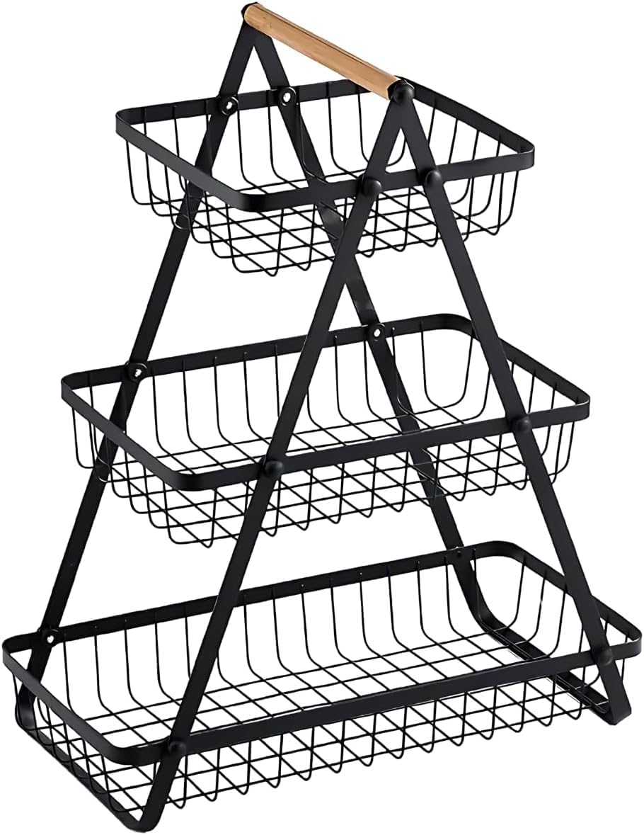SKY-TOUCH 3-Tier Fruit Basket with Wooden Handle, Detachable Metal Fruit Bowl Holder Vegetable Storage Rack, Countertop Holder for Kitchen, Home, Office - Organize Fruits, Veggies, Snacks, Bread - 3