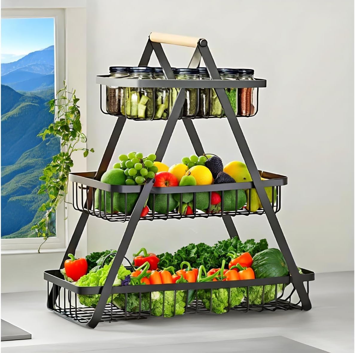 SKY-TOUCH 3-Tier Fruit Basket with Wooden Handle, Detachable Metal Fruit Bowl Holder Vegetable Storage Rack, Countertop Holder for Kitchen, Home, Office - Organize Fruits, Veggies, Snacks, Bread - 5