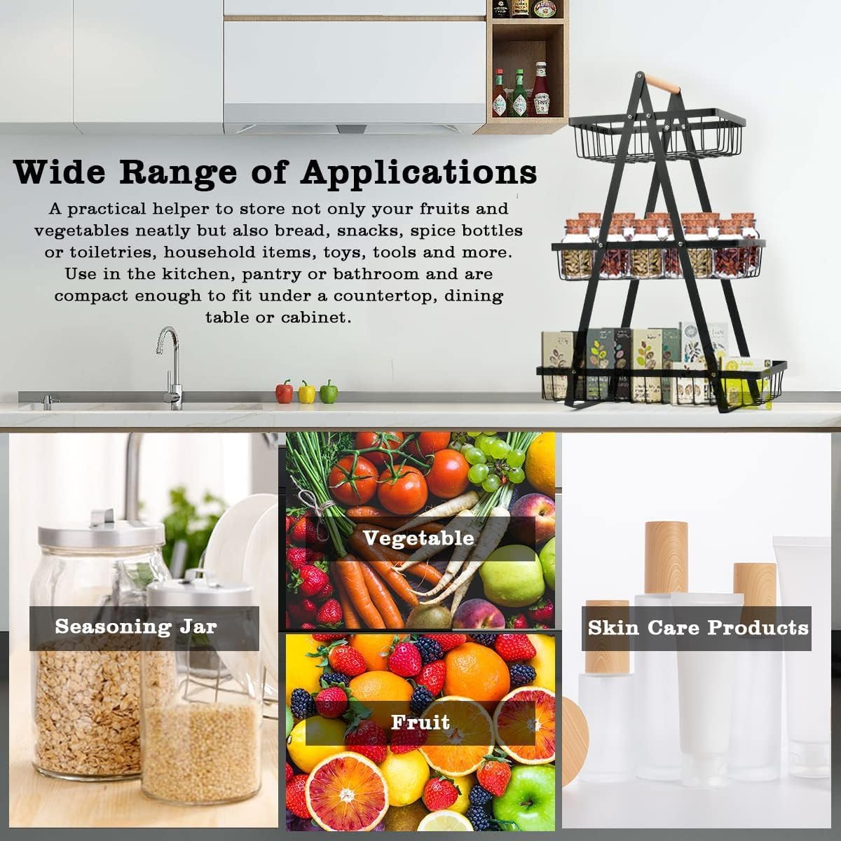 SKY-TOUCH 3-Tier Fruit Basket with Wooden Handle, Detachable Metal Fruit Bowl Holder Vegetable Storage Rack, Countertop Holder for Kitchen, Home, Office - Organize Fruits, Veggies, Snacks, Bread - 7