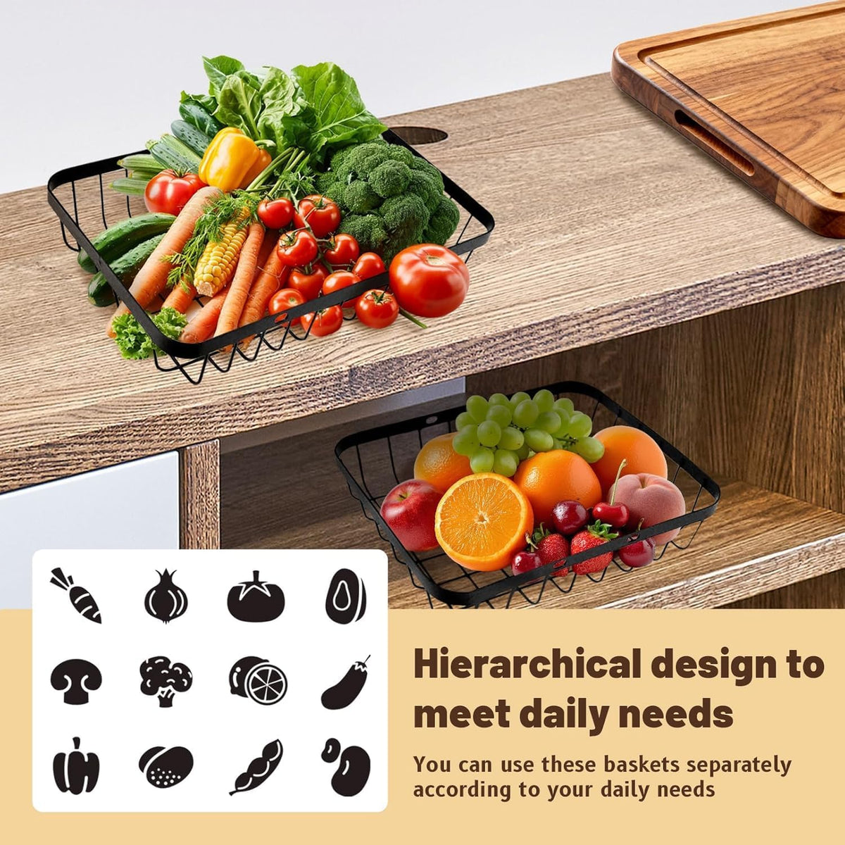 SKY-TOUCH 2-Tier Fruit Basket with Wooden Handle, Detachable Metal Fruit Bowl Holder Vegetable Storage Rack, Countertop Holder for Kitchen, Home, Office - Organize Fruits, Veggies, Snacks, Bread - 3