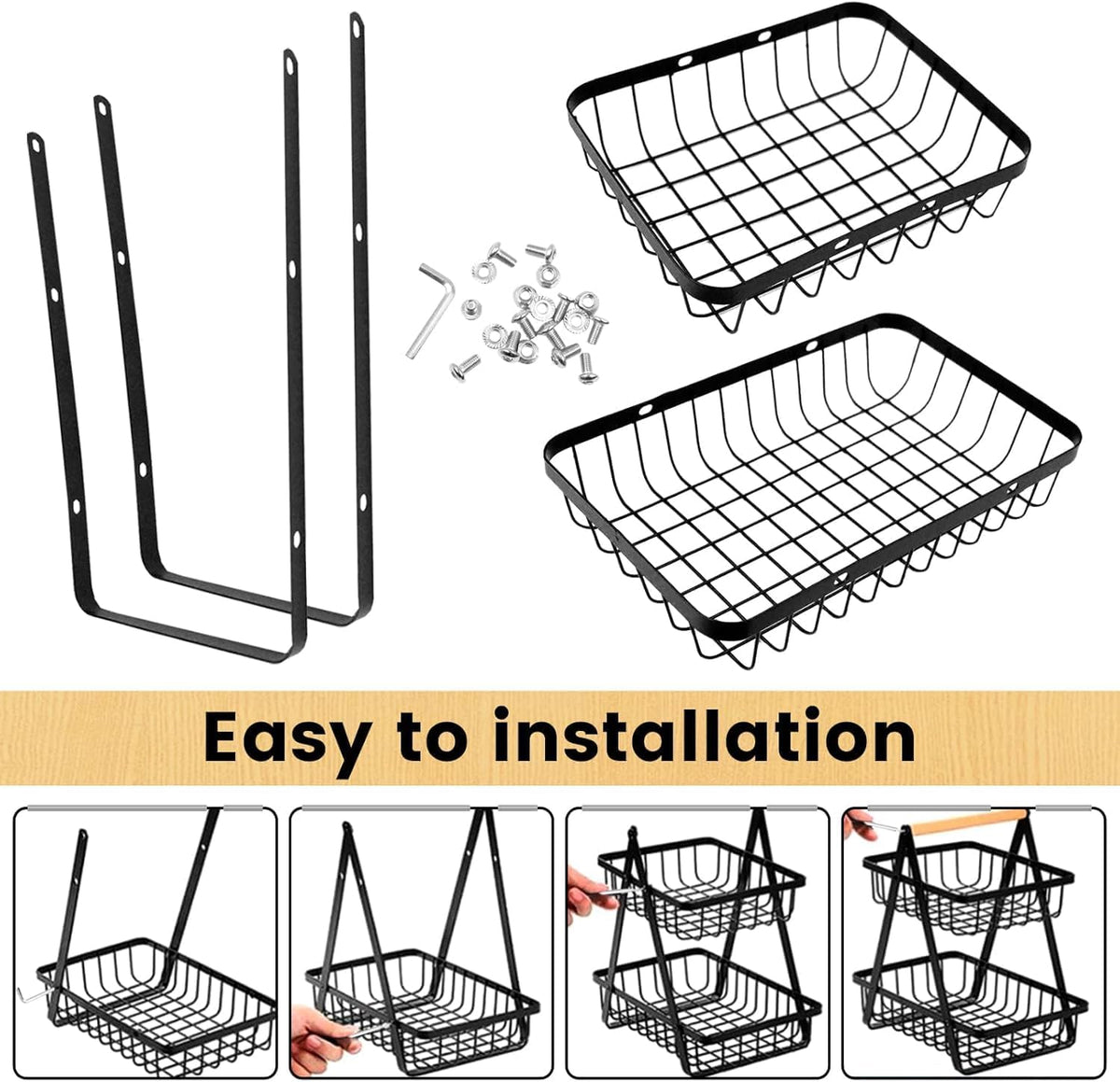SKY-TOUCH 2-Tier Fruit Basket with Wooden Handle, Detachable Metal Fruit Bowl Holder Vegetable Storage Rack, Countertop Holder for Kitchen, Home, Office - Organize Fruits, Veggies, Snacks, Bread - 4
