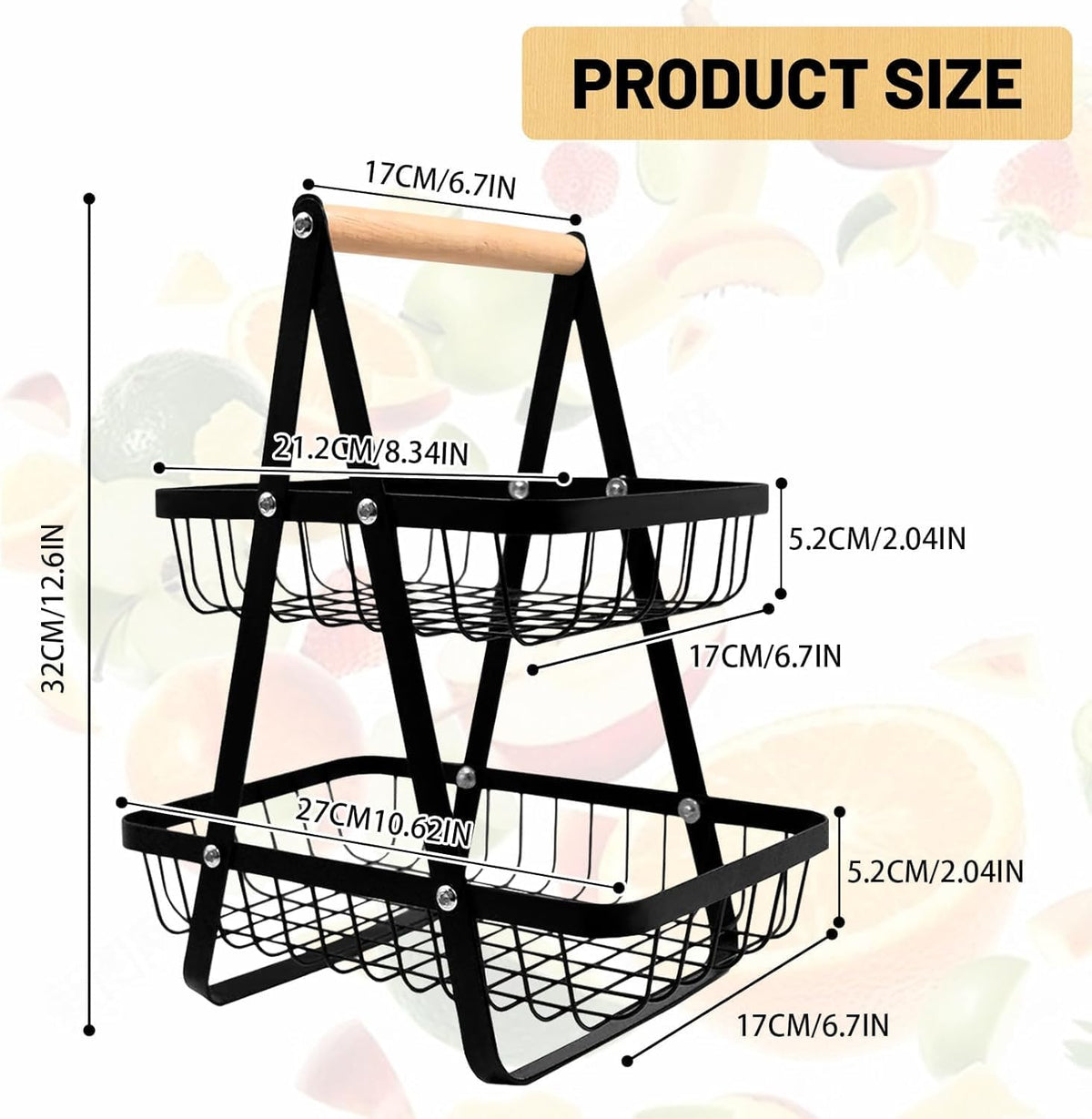 SKY-TOUCH 2-Tier Fruit Basket with Wooden Handle, Detachable Metal Fruit Bowl Holder Vegetable Storage Rack, Countertop Holder for Kitchen, Home, Office - Organize Fruits, Veggies, Snacks, Bread - 5