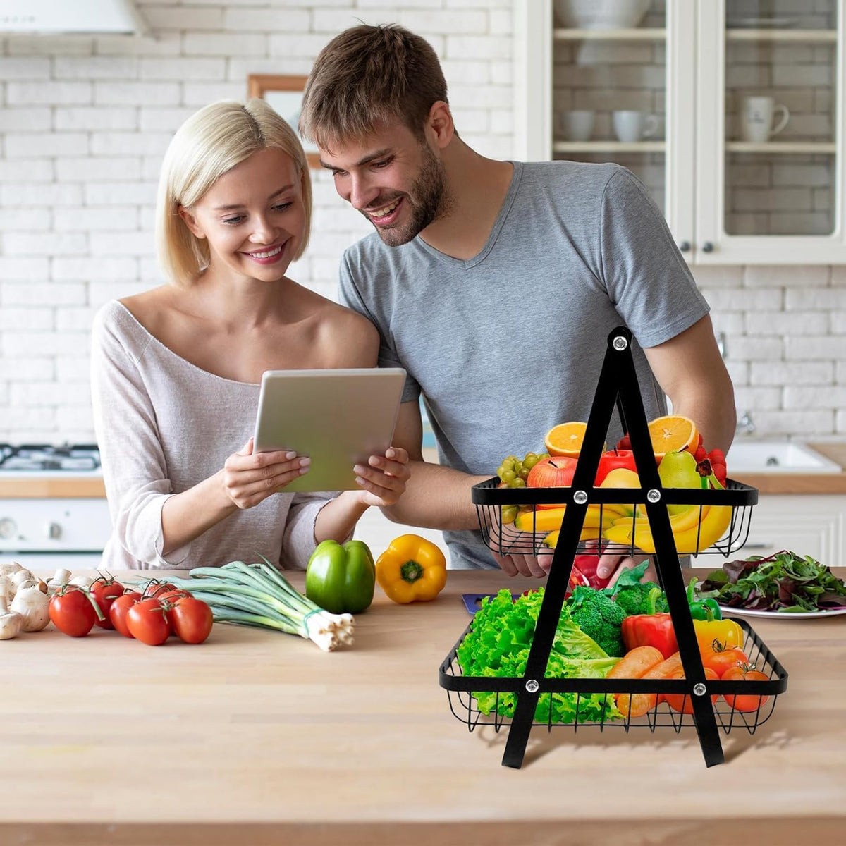 SKY-TOUCH 2-Tier Fruit Basket with Wooden Handle, Detachable Metal Fruit Bowl Holder Vegetable Storage Rack, Countertop Holder for Kitchen, Home, Office - Organize Fruits, Veggies, Snacks, Bread - 6