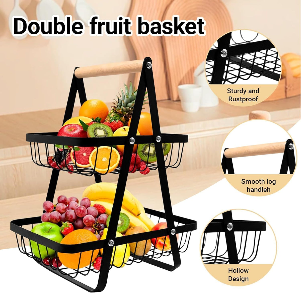 SKY-TOUCH 2-Tier Fruit Basket with Wooden Handle, Detachable Metal Fruit Bowl Holder Vegetable Storage Rack, Countertop Holder for Kitchen, Home, Office - Organize Fruits, Veggies, Snacks, Bread - 7